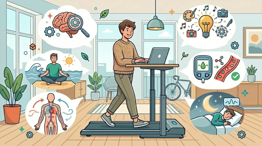 Illustration af sundhedsfordele ved bevægelse under kontorarbejde