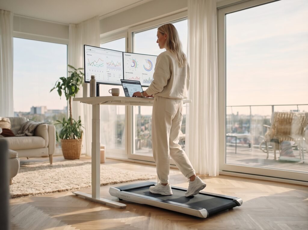 Kvinde bruger kompakt walking pad under skrivebord i dansk hjemmekontor