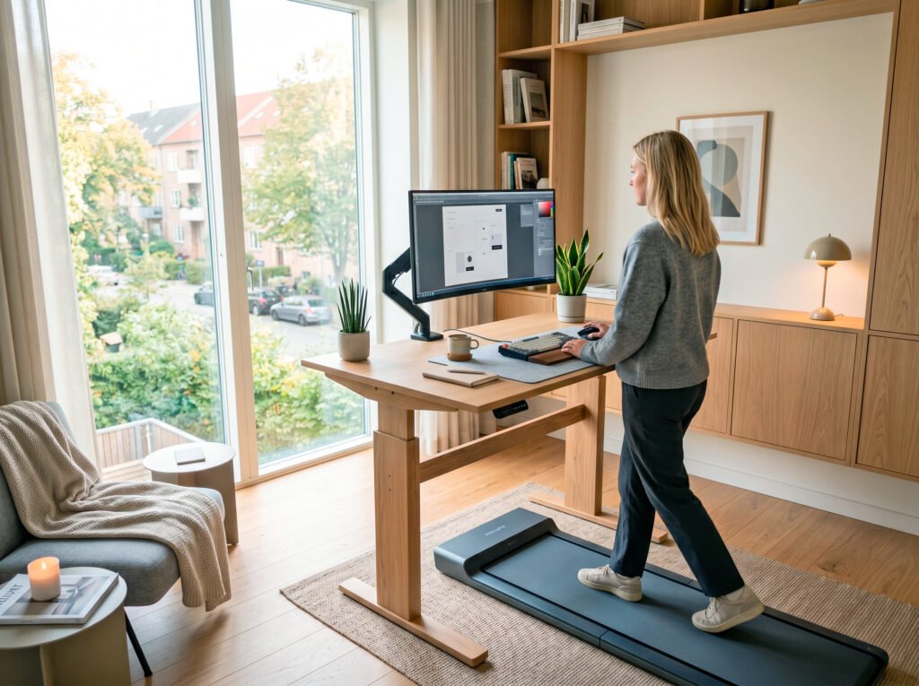 Hæve-sænkebord med gåbånd i ergonomisk hjemmekontor