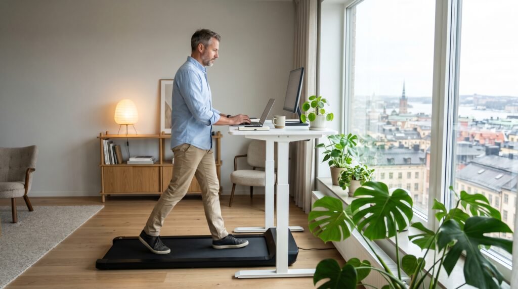 Mand arbejder ved hæve-sænkebord på walking pad i lyst dansk hjemmekontor
