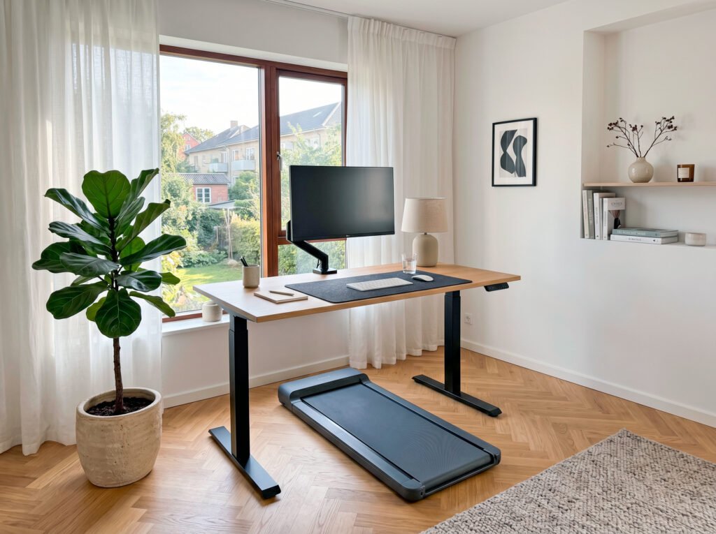 Dansk hjemmekontor med hæve-sænkebord og walking pad