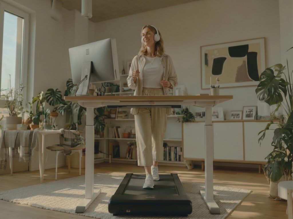 Kvinde med hovedtelefoner bruger walking pad i hjemmekontor